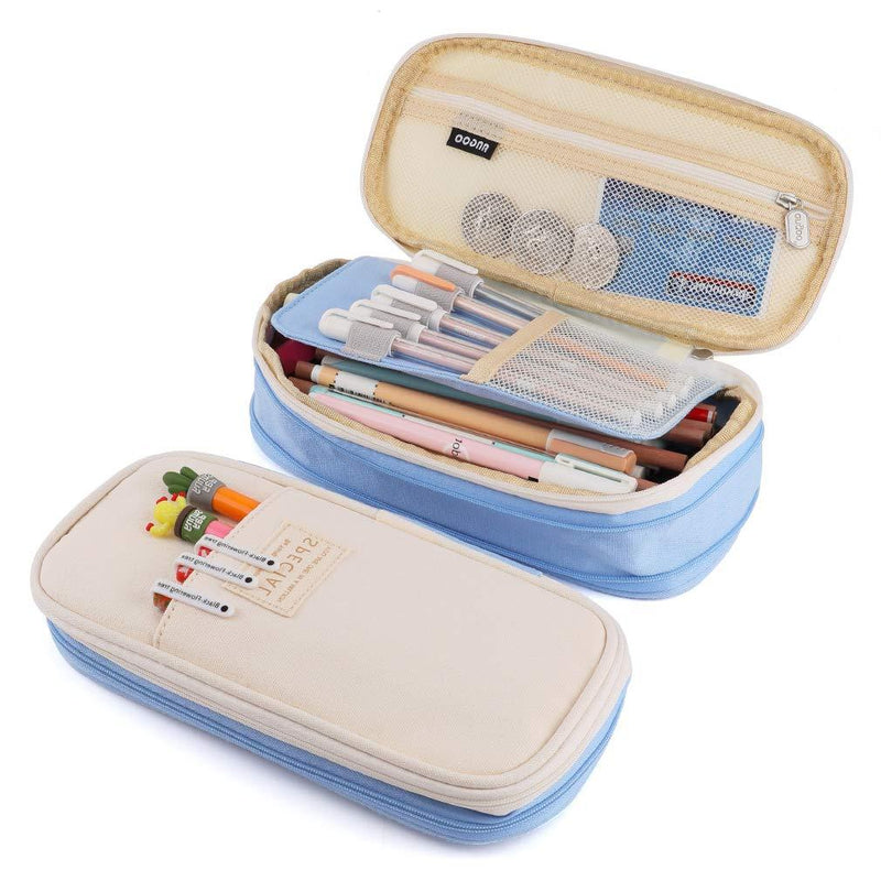 iSuperb Foldable Pencil Case Zipper Big Capacity Canvas Pencil Pouch Stationery Organizers Pen Bag Compartments Cosmetic Makeup Bags for Women Blue+Beige