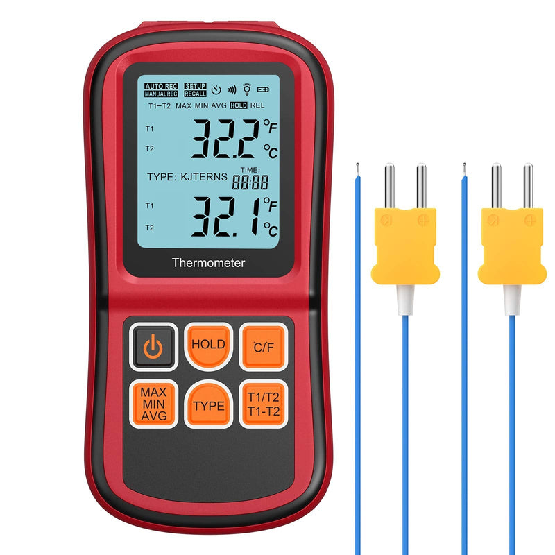 Kamtop Digital Thermometer Dual Channel Thermometer with Two K- type Thermocouples Temperature Meter with LCD Backlight for K/ J/ T/ E/ R/ S/ N Thermocouple