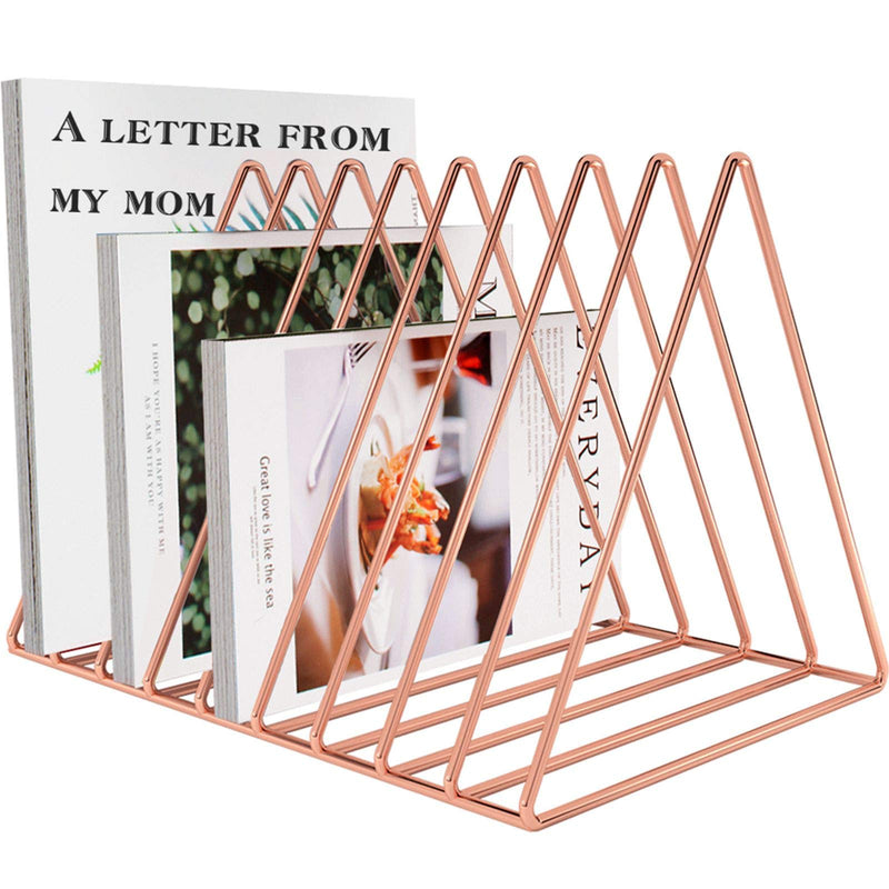 Files Folder Stand Desktop File Organizer, Triangle Wire Magazine Holder Book Shelf, 9 Slot File Sorter Eye-catching Decoration for Indoor Office Home, Photography Props, Fashion in INS (Rose Gold) Rose Gold