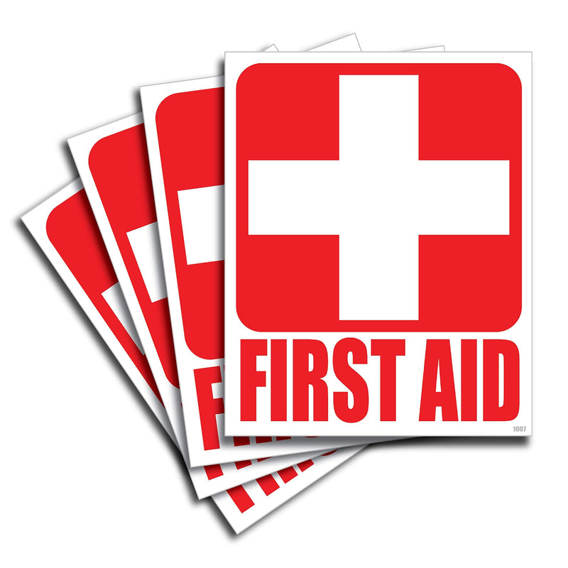 (4) First Aid Kit Sticker Sign Self Adhesive Decal 5"x4" for Car, Office or Business Emergency First Aid Kit Sign