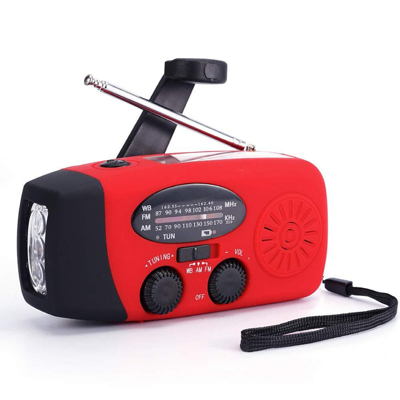 FM/AM/NOAA Weather Radio Hand Crank Self Powered Solar Emergency Radios with 3 LED Flashlight 2000mah Power Bank Smart Phone Charger (Red) Red