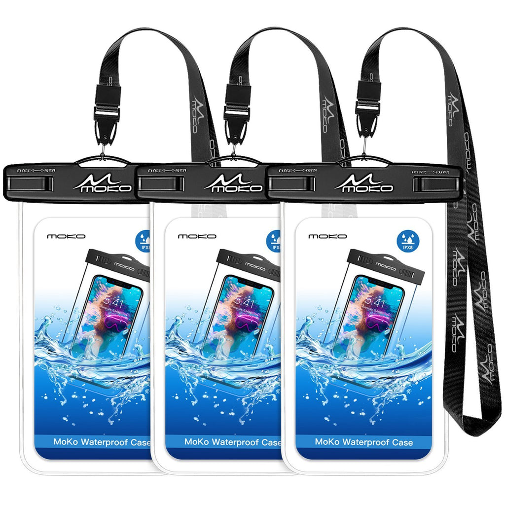 MoKo Waterproof Phone Pouch [3 Pack], Underwater Phone Case Dry Bag with Lanyard Compatible with iPhone 12 Mini/12 Pro, iPhone 11 Pro Max, X/Xs/Xr/Xs Max, 8/7, Galaxy S21/S10/S9, Note 10/9/8 up to 8" Black + Black + Balck