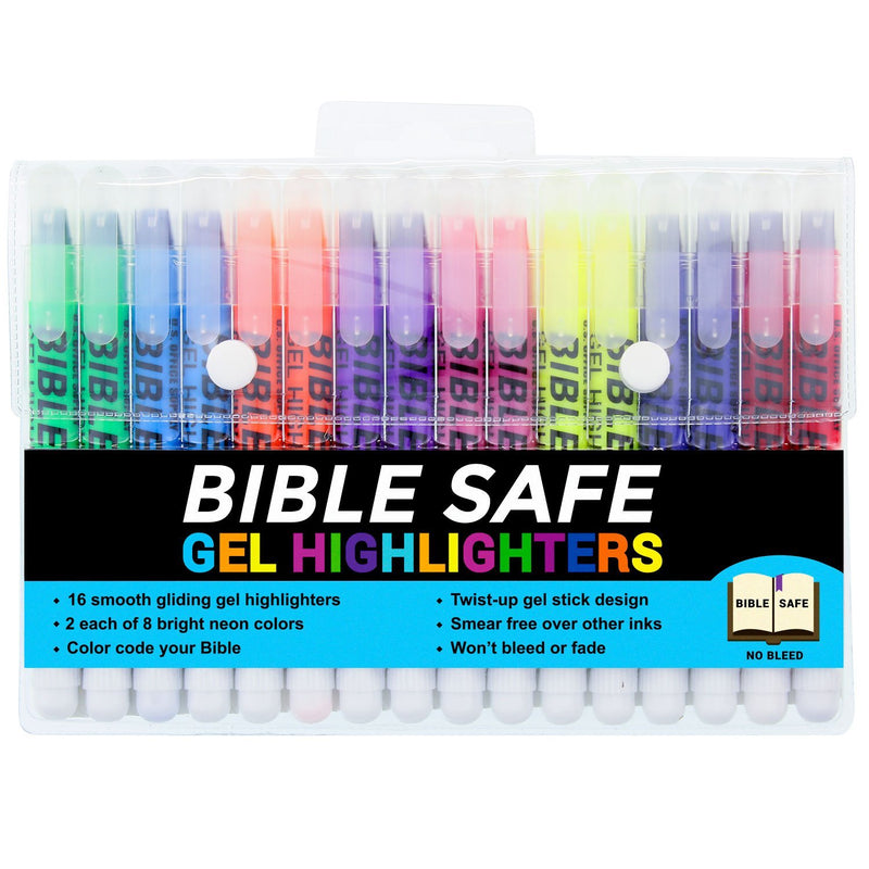 U.S. Office Supply Bible Safe Gel Highlighters, Pack of 16 - 2 Sets of 8 Bright Neon Fluorescent Highlight Colors Yellow, Orange, Pink, Purple, Green, Blue - Won't Bleed, Fade or Smear - Study Guide