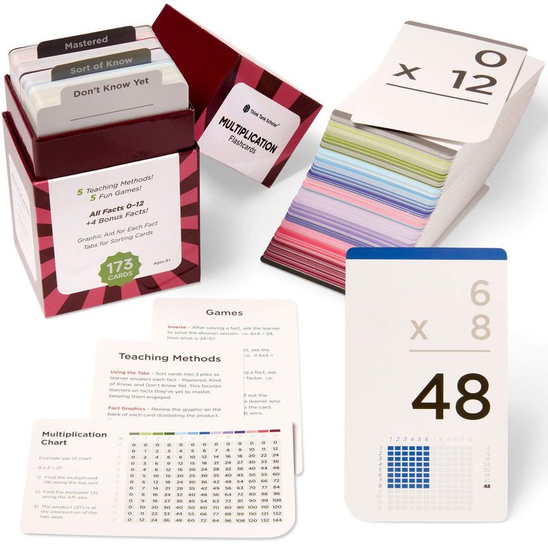 Think Tank Scholar 173 Multiplication Flash Cards (Award Winning) Full Set (All Facts 0-12) | Best for Kids in 3rd, 4th 5th, 6th Grade & Homeschool | Learn Math Manipulatives | Games & Chart Included Flash Cards Only