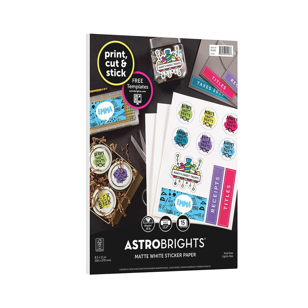 AstroDesigns Sticker Paper, 8.5"x11", 24lb/89gsm, White, 15 Sheets (91296-02)