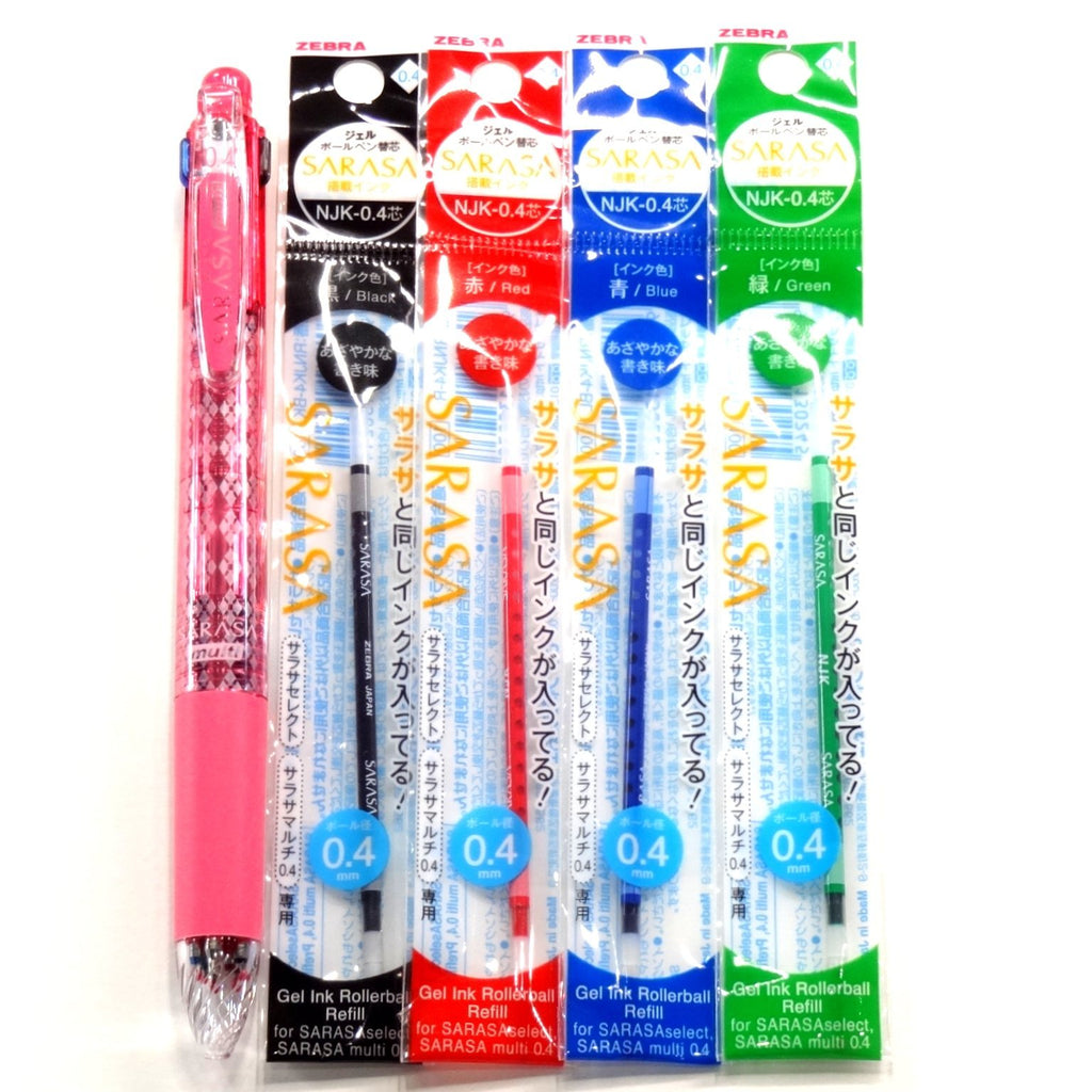 Zebra Sarasa Multi Pink Body [4 Color Ballpoint Pen (0.4mm) + Mechanical Pencil], 4 Color Ink Refills Set (Japan Import)[Komainu-Dou Original Package]