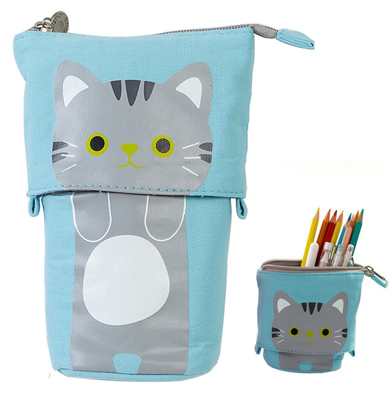 Telescopic Pencil Pouch Standing Pen Holder Cute Pencil Bags Stand Up Pen Case Cartoon Pencil/Pens Storage Box Canvas+PU Stationery Organizer Makeup Bag with Zipper Closure (Blue) Blue