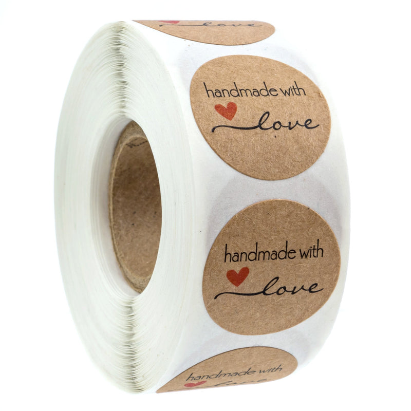 1" Inch Round Natural Kraft Handmade with Love Stickers/500 Labels per roll