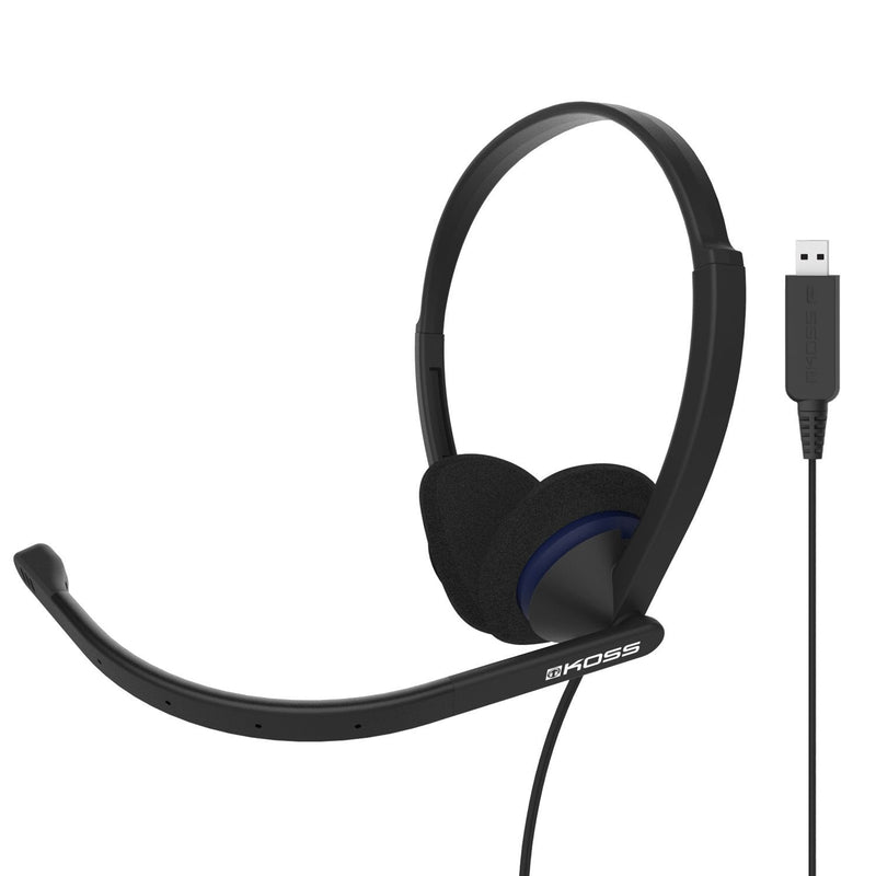 Koss CS200 USB Double-Sided On-Ear Communication Headset, Noise-Cancelling Electret Microphone, Flexible Microphone Arm, Wired with USB Plug, Black