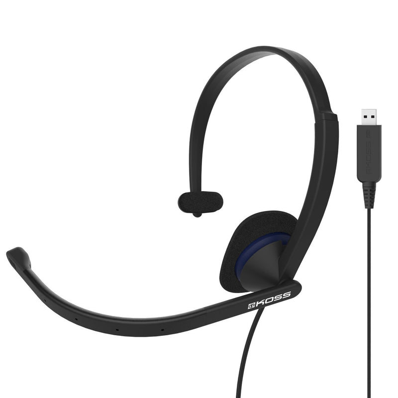 Koss CS195 USB Single-Sided On-Ear Communication Headset, Noise-Cancelling Electret Microphone, Flexible Microphone Arm, Wired with USB Plug, Black