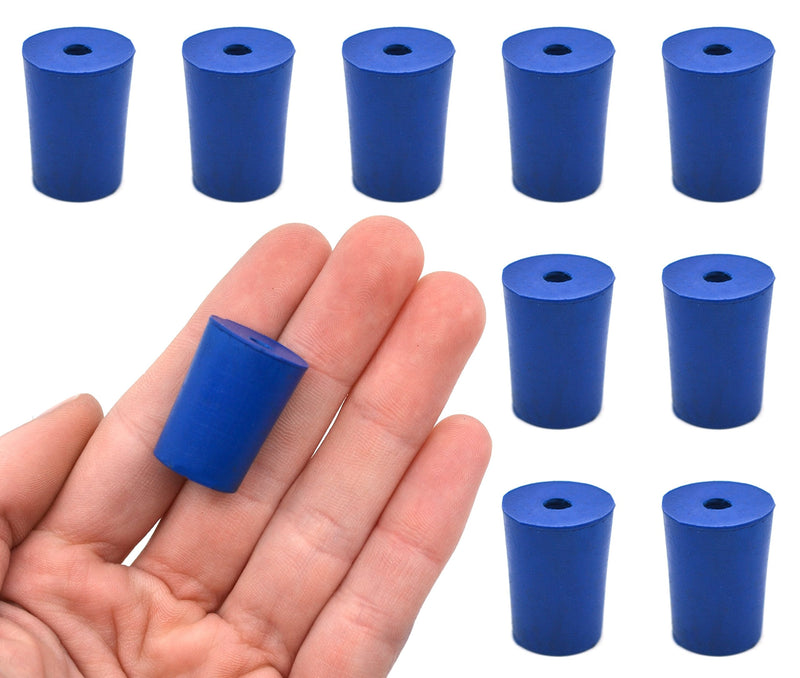 10PK Neoprene Stoppers, 1 Hole - Blue - Size: 15mm Bottom, 18mm Top, 24mm Length - Suitable for use with Petroleum, Oils, Inorganic Acids and Bases - Eisco Labs