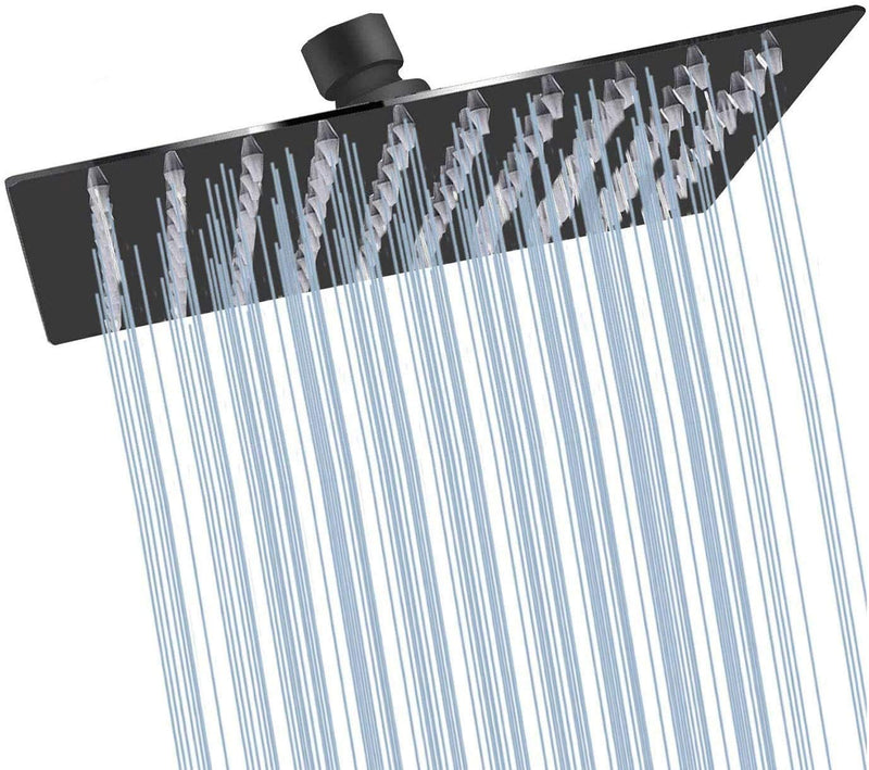 GGStudy 8 inch Square Rain Shower head Stainless Steel Shower head High Pressure Shower Head Ultra Thin Rainfall Bath Shower Self-cleaning Silicon Nozzle Black Shower Head 8inch