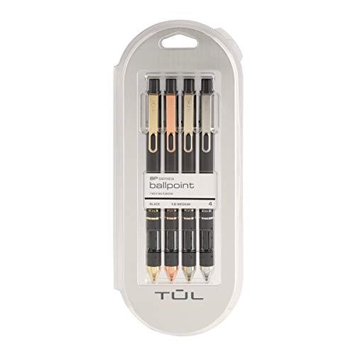 TUL Retractable Ballpoint Pens, Mixed Metals, Medium Point, 1.0 mm, Black Barrel, Black Ink, Pack of 4 Pens