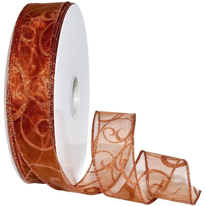 Morex Ribbon Swirl Wired Sheer Glitter Ribbon 1-1/2 inch by 50 Yards, Copper, -1/2 inch by 50 Yards 1-1/2" x 50 yd