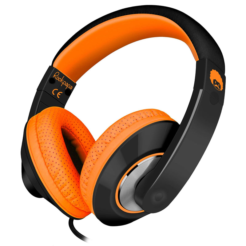 Rockpapa Comfort+ Adjustable Over Ear Headphones Earphones with Microphone in-line Volume for Adults Kids Childs Teens, Smartphones Laptop Tablet DVD MP3/4 in Car/Airplane Black Orange