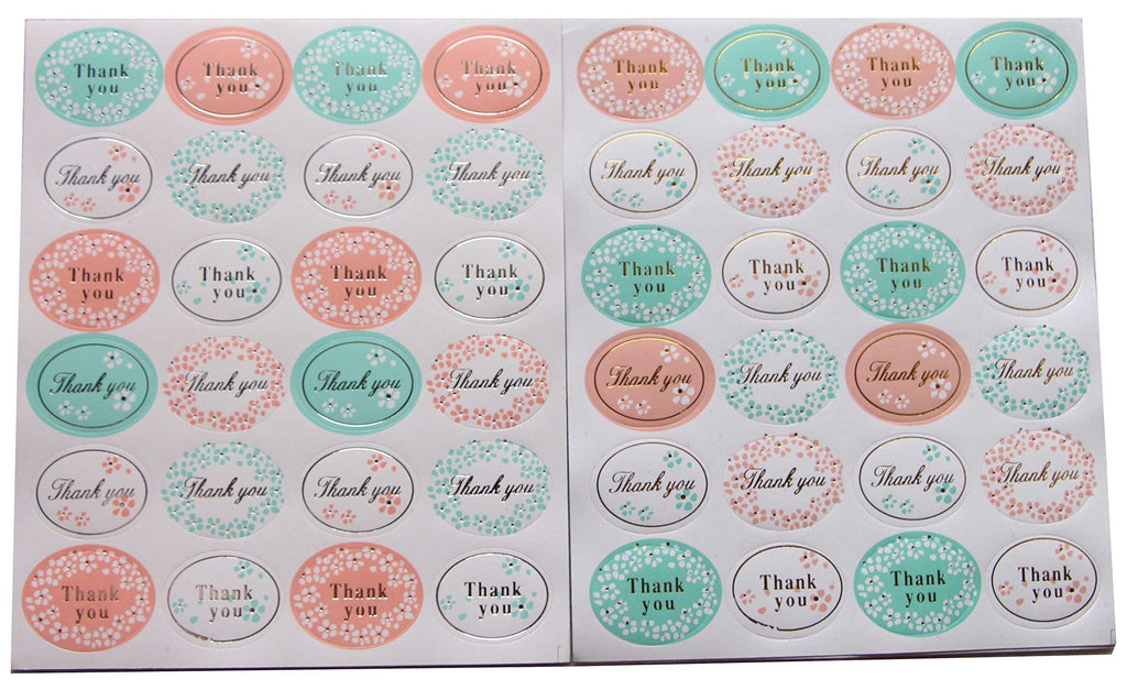 Floral Thank You Stickers - 288 Pack Glitter Self Adhesive Label 1.2 Inch Small Oval Shape Personalized Handmade Gift Seal Cards for Wedding Birthday Celebrating Party Favors (12 Sheets, Gold&Silver) 12 Sheets