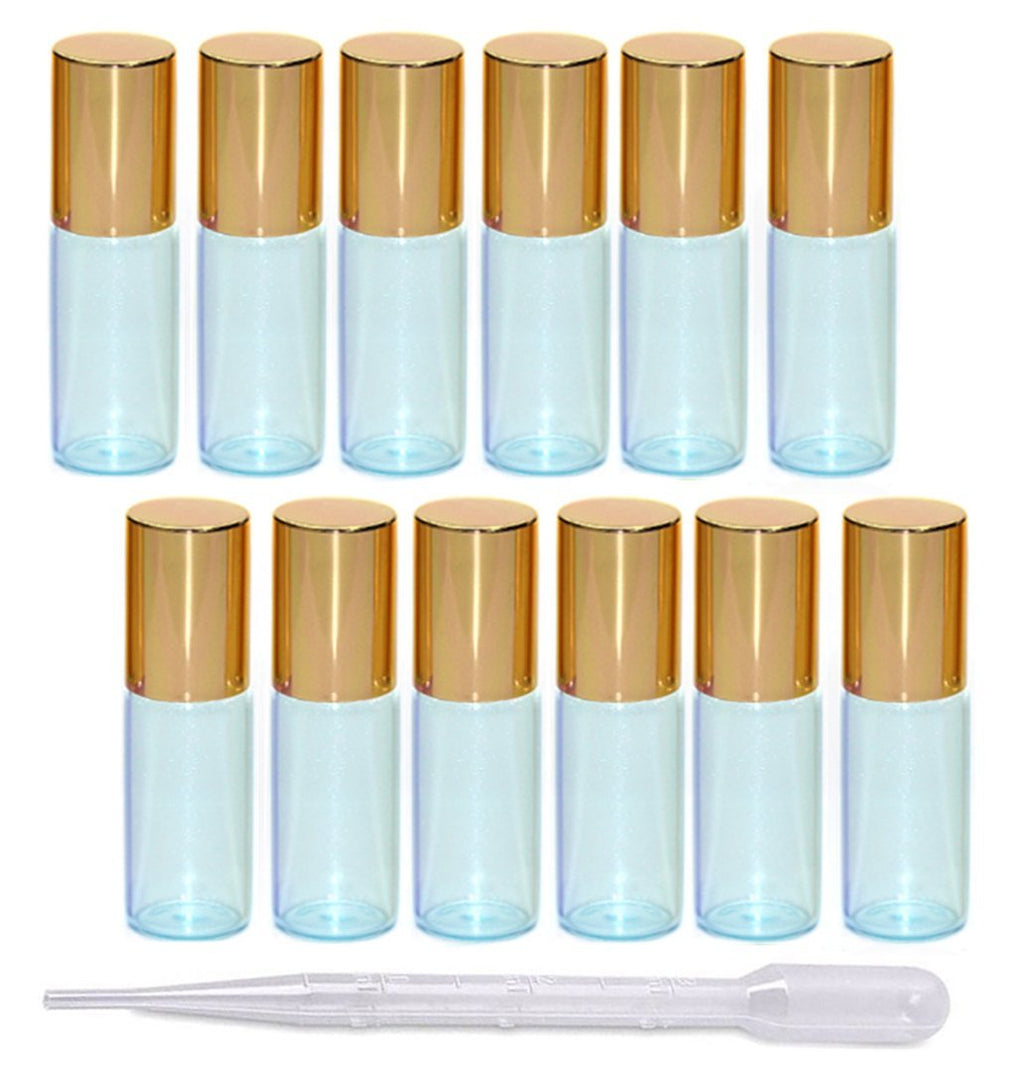 12Pcs 5ml Pearl Color Glass Roller Bottles Roll-on Bottles Vial Container with Stainless Steel Roller Balls and Gold Cap for Essential Oil Perfumes Liquid Aromatherapy+1pc 3ml Free Dropper,Blue