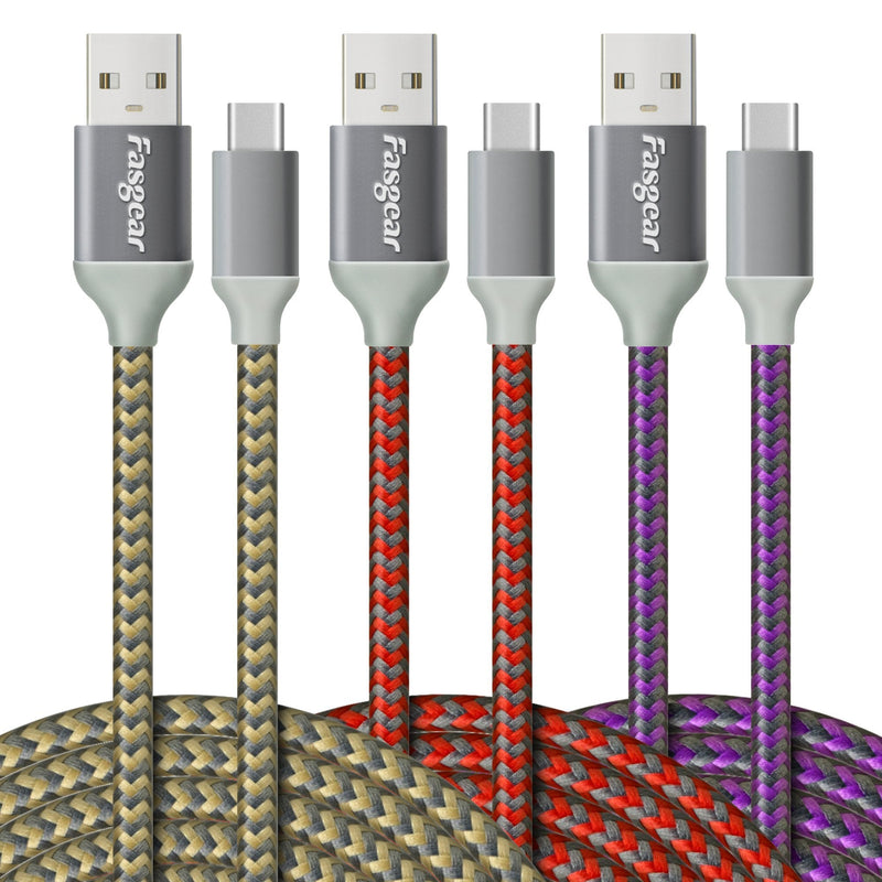 USB to USB C Cable (10ft), Fasgear 3 Pack Long Type C Cable Nylon Braided Fast Charging Compatible with Galaxy Note 8 9 S8/S9/S10/S10+, LG V20/G6 and More (Gold/Red/Purple) Gold/Red/Purple