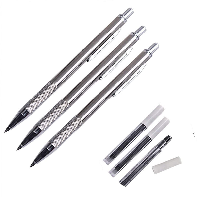 WarmShine 3 PCS 3.0mm Metal Mechanical Drafting Pencil 3.0 Lead Holder Automatic Draughting Mechanical Drafting Pencil + 12 Leads(Silver)