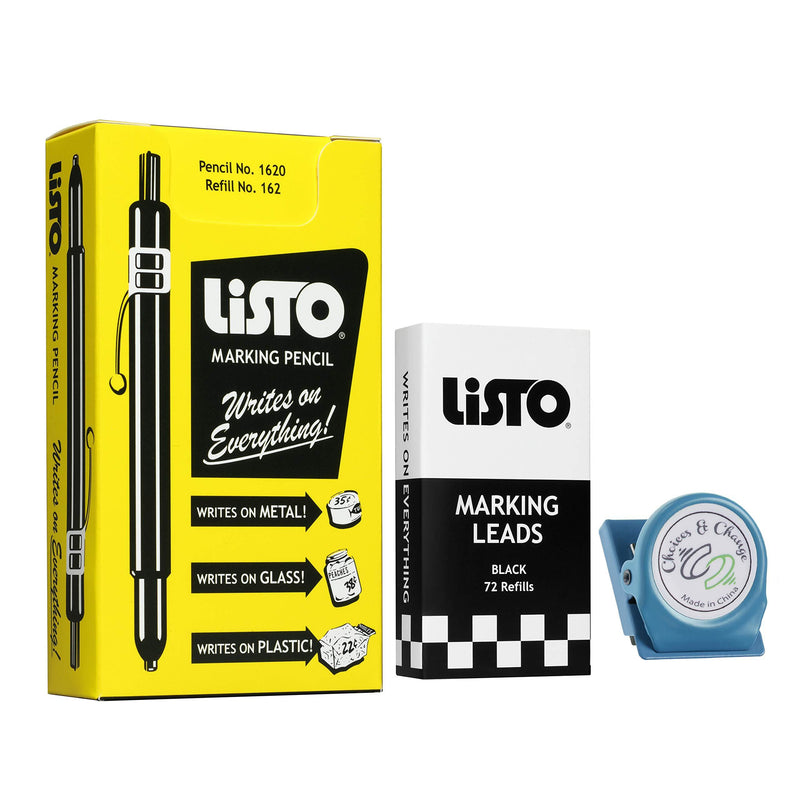 Bundle of Listo 1620 Marking Pencil/Grease Pencils/China Marking Pencils/Wax Pencils - Black, Box of 12 With 72 Refills With Magnetic Memo Clip