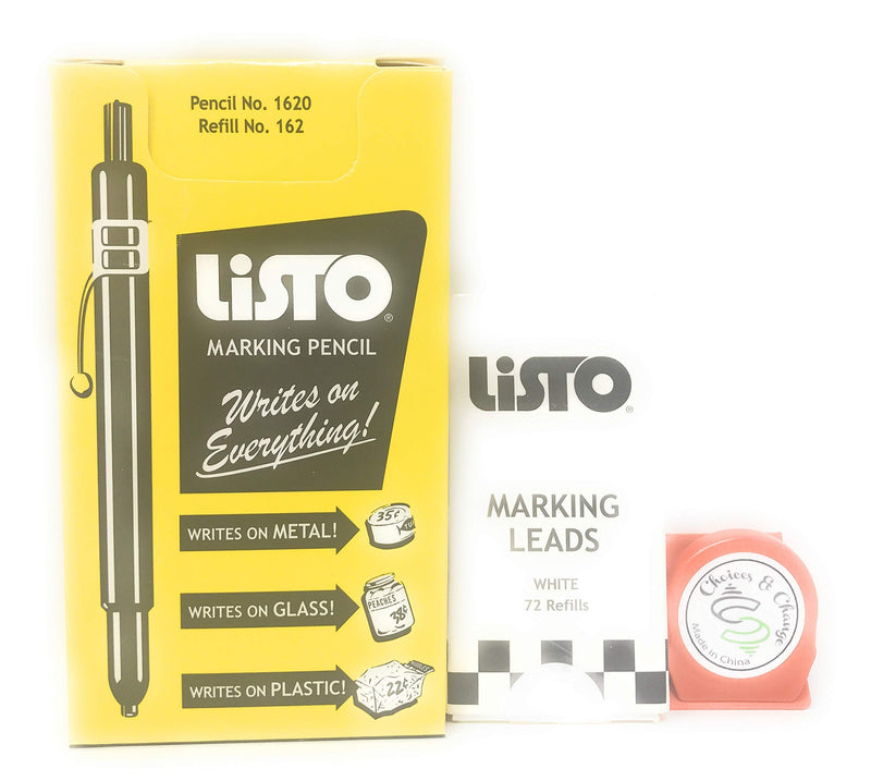 Bundle of Listo 1620 Marking Pencil/Grease Pencils/China Marking Pencils/Wax Pencils - White, Box of 12 With 72 Refills With Bonus Magnetic Memo Clip