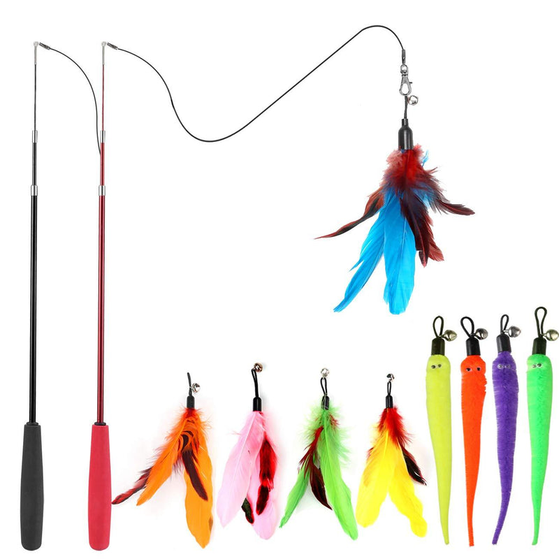 MeoHui Interactive Cat Feather Toys, 2PCS Retractable Cat Wand Toy and 9PCS Squiggly Worm Feathers Teaser Refills, Cat Toys for Indoor Cats Kitten Play Chase Exercise Basic