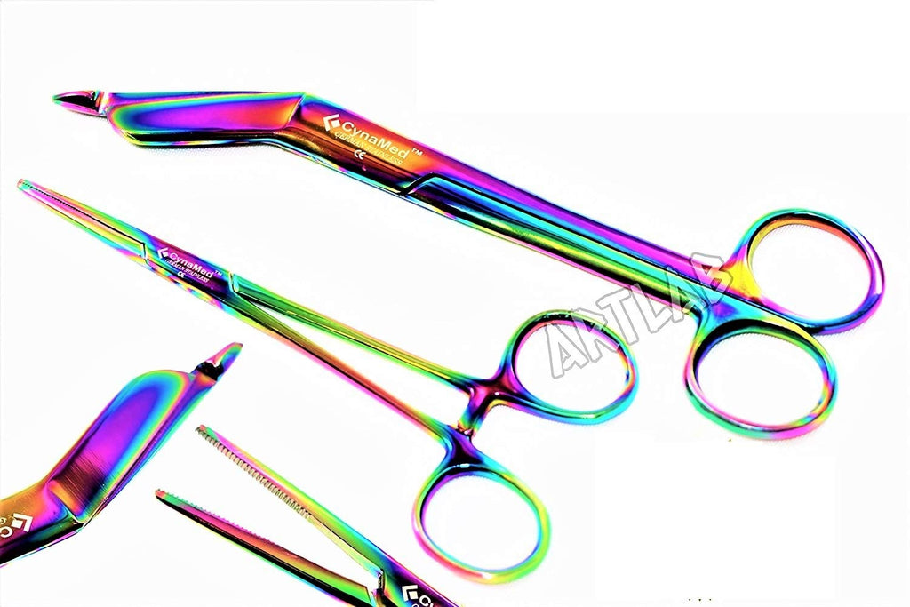 New German Hemostat Forceps 5 inches Plus Lister Bandage Scissors 5.5 Inches Rainbow Titanium Premium Cynamed