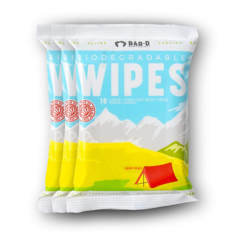 Bar-D Biodegradable Body Wipes with Tea Tree Oil & Aloe Vera - Refreshing Wet Wipes great for Camping, Hiking, Backpacking, Festivals, Post Workout and Travel (3-Pack, 10 wipes/pack)