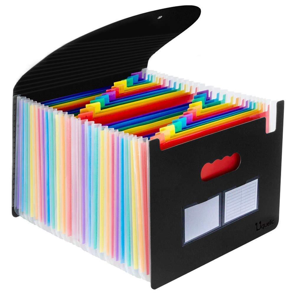 Uquelic 24 Pocket Expanding File Folder with Cover - Large Plastic Rainbow Expandable File Organizer Self Standing Accordion A4 Document Folder Wallet Briefcase Business Filing Box