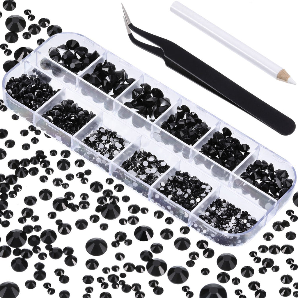 TecUnite 2000 Pieces Flat Back Gems Round Crystal Rhinestones 6 Sizes (1.5-6 mm) with Pick Up Tweezer and Rhinestones Picking Pen for Crafts Nail Face Art Clothes Shoes Bags DIY (Black) Black