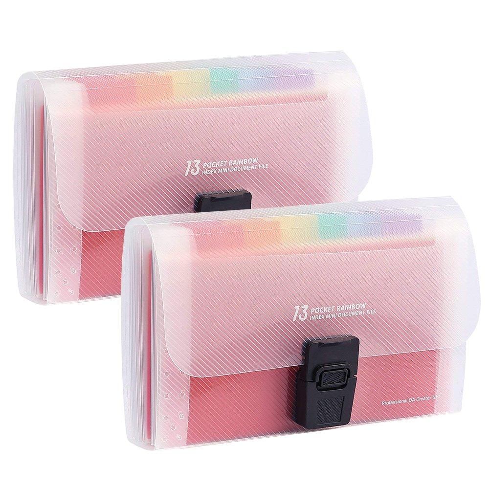 Toosunny 2 Pack Portable Rainbow Document Folder, 13 Pockets A6 Expanding File Organiser Handbag with Lid, Plastic Expandable Accordian Organizer Wallet for Receipts, Bills, Checks, Vouchers, Busines