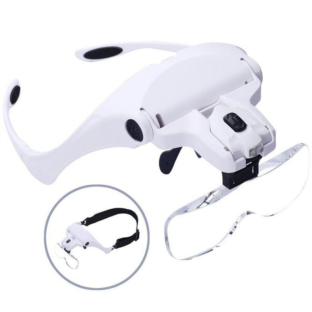 Headband Magnifier with 2 LED Lights,Handsfree Jeweler's Loupe Glasses,5 Replaceable Lens 1X 1.5X 2X 2.5X 3.5X Up-Close Reading Magnifying Glass for Embroidery,Needlework,Cross Stitching,Repairing 1-3.5x White