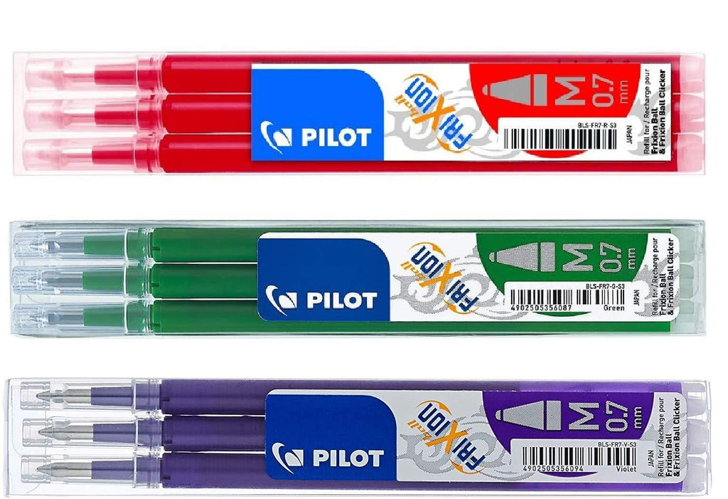 Pilot Frixion erasable pens refill, 9 refill bundle Green, Red, Violet or Purple gel ink fine pt 0.7mm, assorted colors Green/Red/Violet