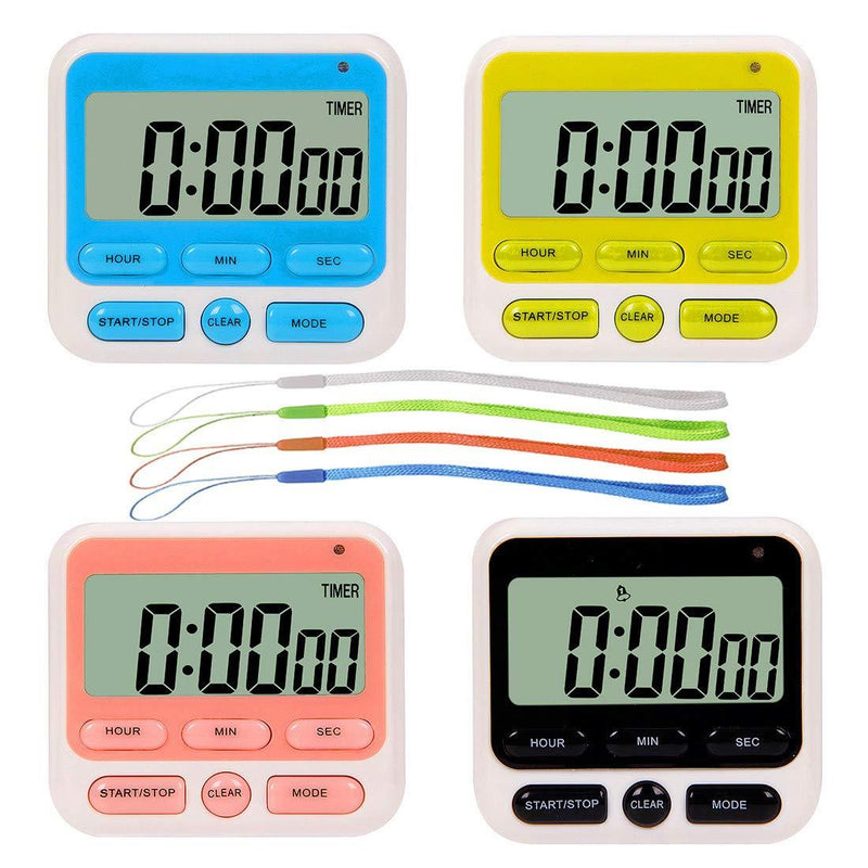24-Hours Digital Kitchen Timer, Upgraded 12-Hour Display Clock, Big Digits, Loud Alarm, Magnetic Backing Stand, Count-Up & Count Down, Kids Timers for Cooking Baking Classroom Teachers Games(4 Pack) W+b+p+g