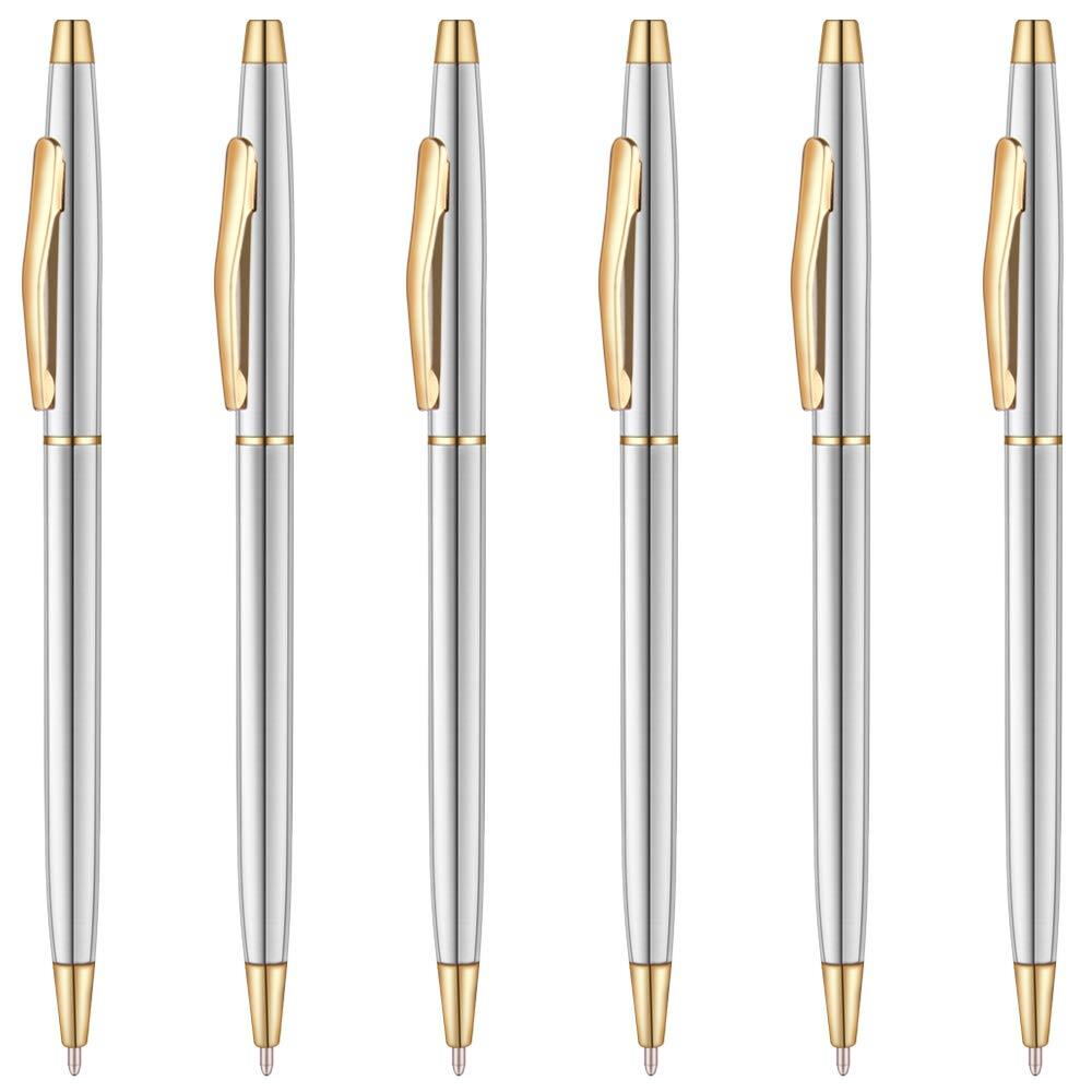 Unibene Slim Stainless Steel Retractable Ballpoint Pens - Steel & Gold, Nice Gift for Business Office Students Teachers Wedding Christmas, Medium Point(1 mm) 6 Pack-Black ink Stainless Steel & Gold