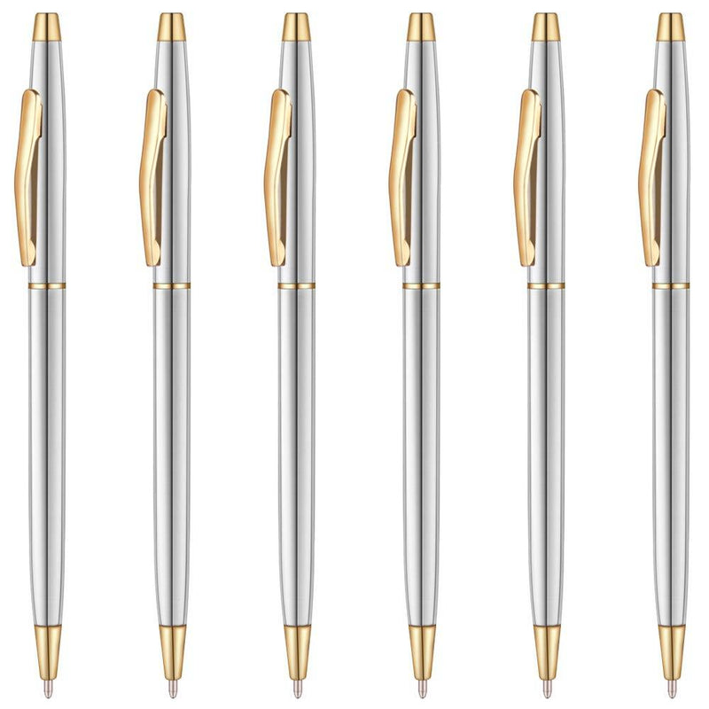 Unibene Slim Stainless Steel Retractable Ballpoint Pens - Steel & Gold, Nice Gift for Business Office Students Teachers Wedding Christmas, Medium Point(1 mm) 6 Pack-Black ink Stainless Steel & Gold