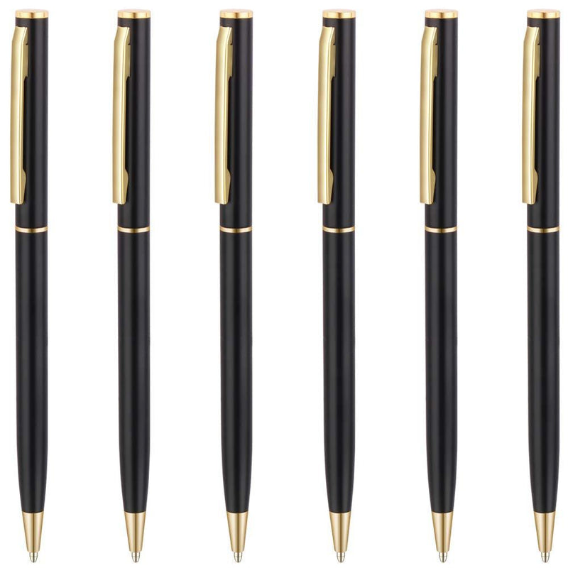 Unibene Slim Metallic Retractable Ballpoint Pens - Matte Black & Gold, Nice Gift for Business Office Students Teachers Wedding Christmas, Medium Point(1 mm) 6 Pack-Black ink