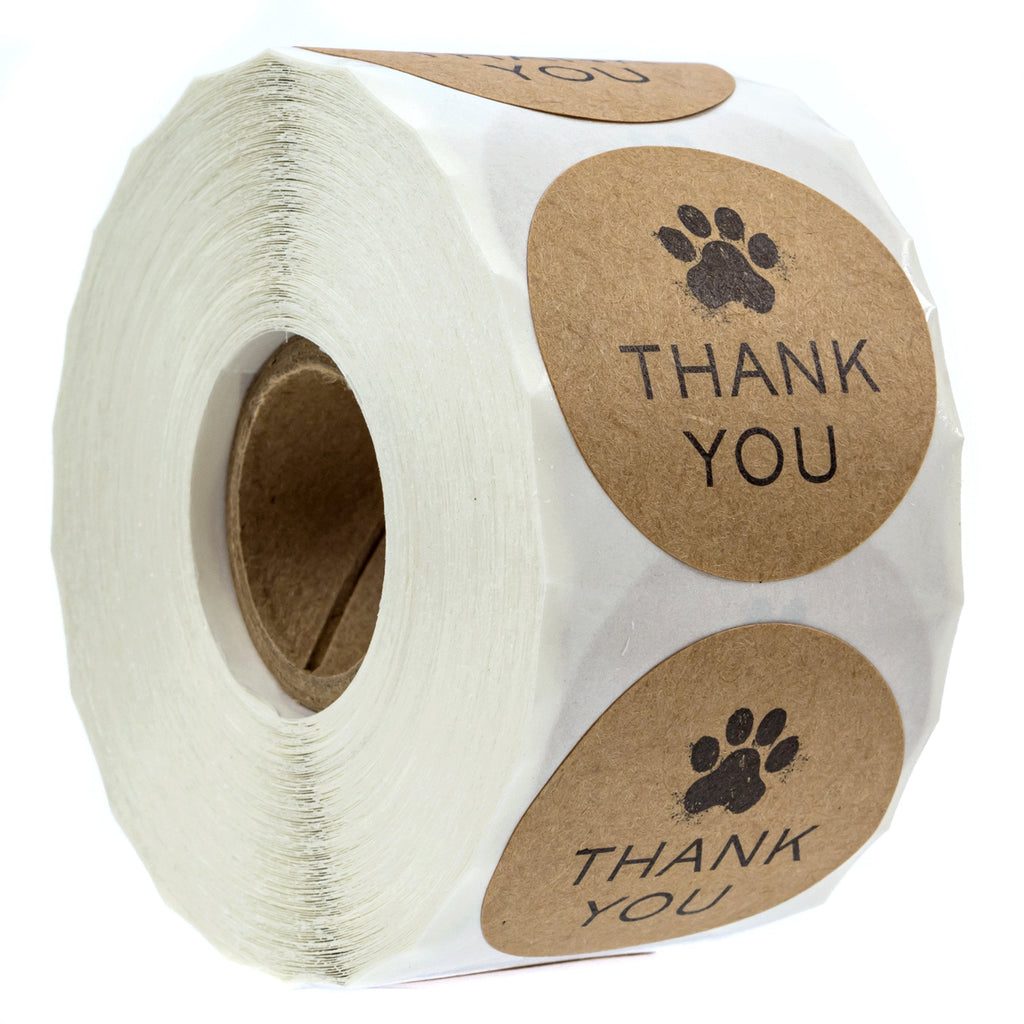 1.5" Round Kraft Paw Print Thank You Stickers / 500 Dog Paw Print Thank You Labels per Roll