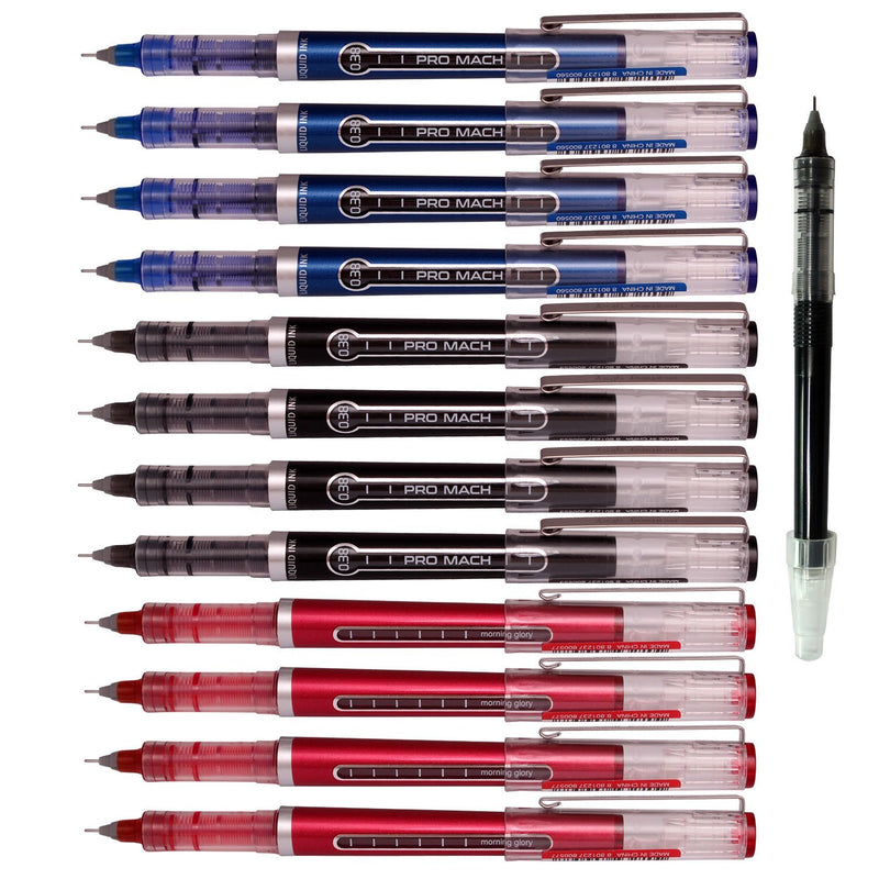 Morning Glory Pro Mach Roller Ball Pen - 0.38 mm-Fine Point Tip (Pack of 12 Pens) 1 Refill (3 Color Mixed) 3 Color Mixed