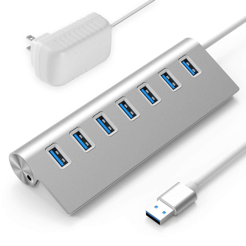 Rybozen 7-Port USB 3.0 Hub, Aluminum Data Hub with 5V/4A 20W Power Adapter and 4.9Ft USB Cable for Desktop PC/Laptop 7 Port white