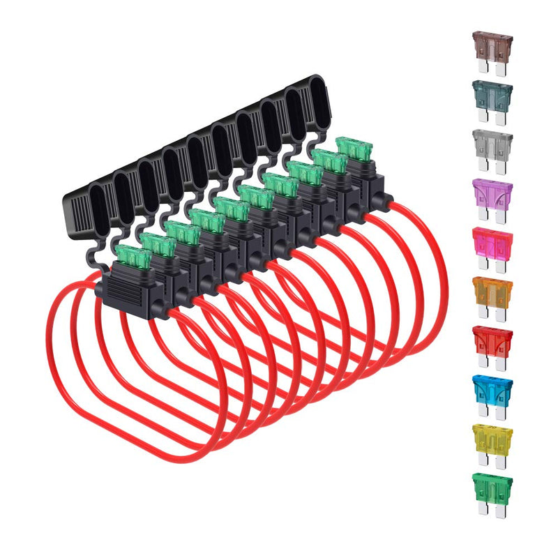 14 Gauge Fuse Holder ATC/ATO, SIM&NAT 10 Packs in-Line Automotive Blade Fuse Holder with 50PCS Standard Car Fuses, 1A 2A 3A / 4A 5A 7.5A 10A 15A 20A 30A Automotive Replacement Fuses