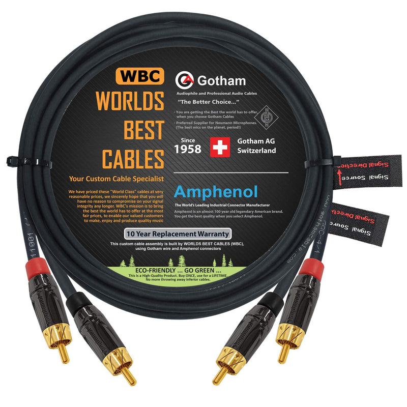 10 Foot RCA Cable Pair - Gotham GAC-4/1 (Black) Star-Quad Audio Interconnect Cable with Amphenol ACPL Black Chrome Body, Gold Plated RCA Connectors - Directional