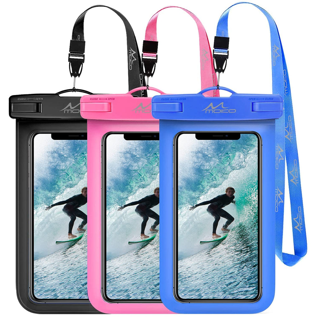 MoKo Waterproof Phone Pouch [3 Pack], Underwater Phone Case Dry Bag with Lanyard Compatible with iPhone 12/12 Mini/12 Pro, iPhone 11/11 Pro/11 Pro Max X/Xs/Xr/Xs Max,8, Samsung S10/S9/S8 Plus, Note 10 Black+Pink+Dark Blue