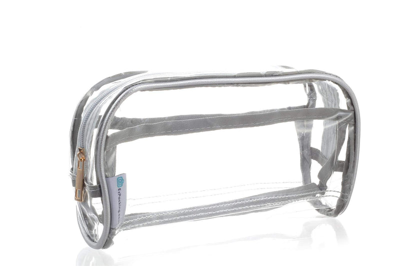 Clear Makeup and Brush Bag / Long Cosmetic Organizer Pouch for Travel, Gym or Home / Vegan Leather Piping and 2 Interior Pockets with Zipper / Small See Through PVC Plastic and Transparent Design / Hair Product Organizer Silver