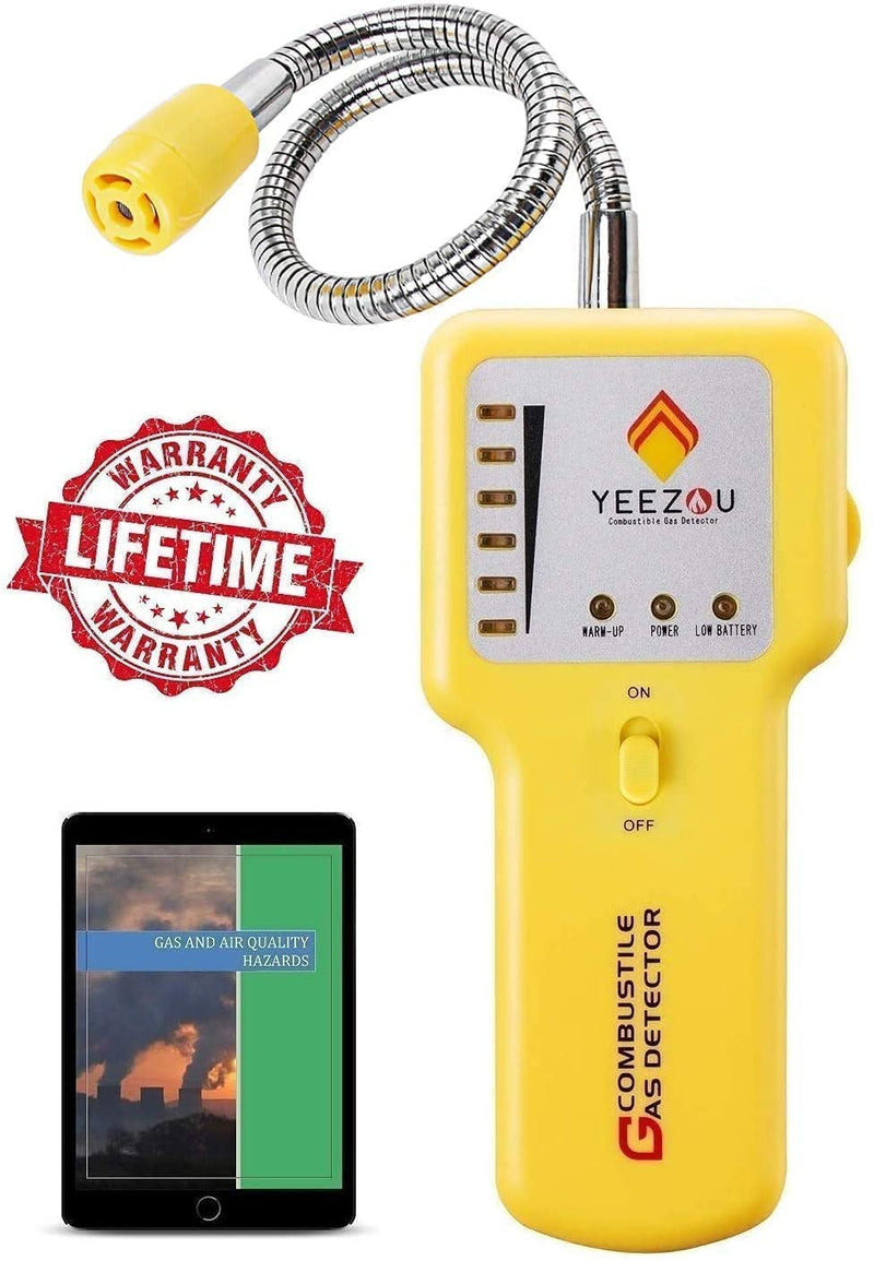 Y201 Propane and Natural Gas Leak Detector; Portable Gas Sniffer to Locate Gas Leaks of Combustible Gases Like Methane, LPG, LNG, Fuel, Sewer Gas; w/ Flexible Sensor Neck, Sound & LED Alarm, eBook Yellow