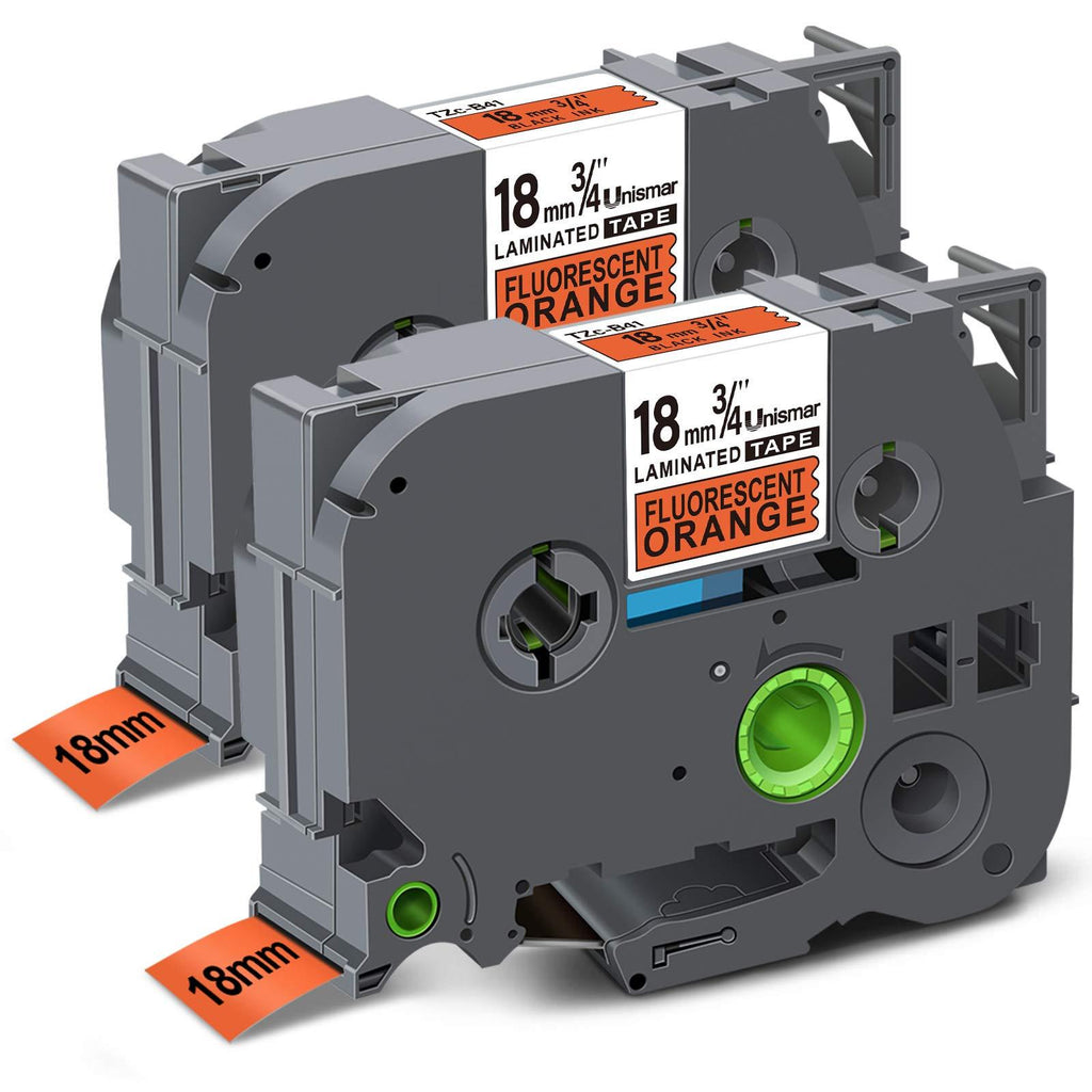 Unismar Compatible for Brother TZe-B41 Laminated Label Tape for PTD400AD PTD400VP PT-D600 PTD600VP PT-P700 PT-P900W PT-2730 Label Maker, 3/4 in x 26.2 ft, Black on Fluorescent Orange, 2-Pack