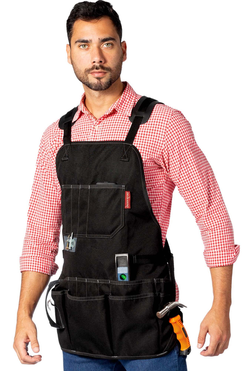 Under NY Sky Tool Apron – Magnetic Tool Holder – Heavy Duty Black Oxford Canvas – CrossBack – 18 Pockets – Adjustable for Men, Women – Pro Mechanic, Woodworker, Carpenter, Electrician, Gardener Apron
