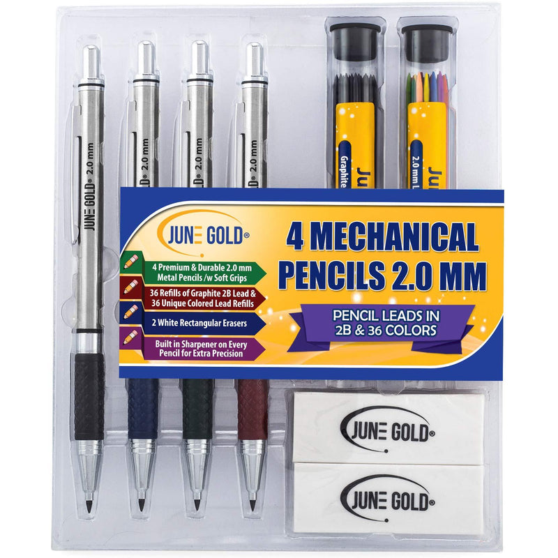 June Gold 4 Premium 2.0 mm 2B Mechanical Pencils, 36 2B Lead Refills, 36 Uniquely Colored Lead Refills, 2 Smudge Resistant Erasers, Built in Sharpeners & Soft Non-Slip Grip on Each Pencil Black Graphite