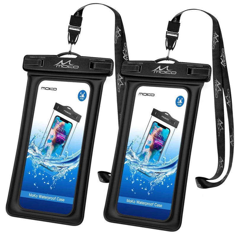 MoKo Floating Waterproof Phone Pouch Holder [2 Pack], Floatable Phone Case Dry Bag with Lanyard Compatible with iPhone 12 Mini/12 Pro, iPhone 11 Pro/X/Xr/Xs Max/8, Samsung S21/S10/S9/S8, S10e, Note 10 Black & Black