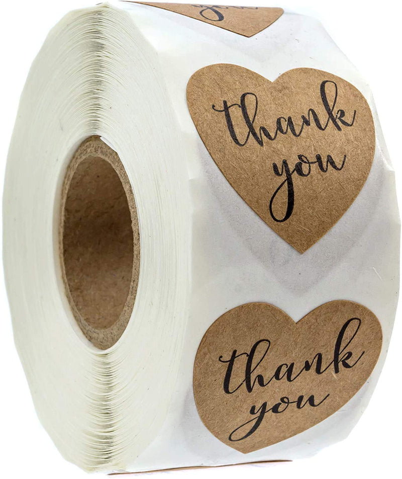 Brown Kraft Heart Shape Thank You Sticker Labels - 500 Stickers, 1 1/8", 1.125"